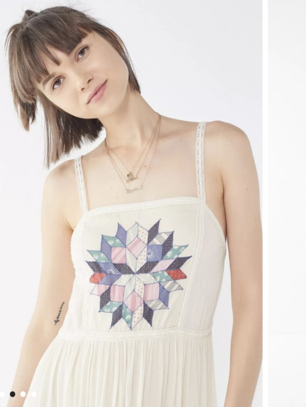⭐ UO Alina Embroidered Patchwork Quilted Star Cream Boho Embroidered Maxi Dress - Picture 3 of 16